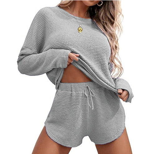 Women's Fashionable Simple Solid Color Waffle Knitted Pajama Set