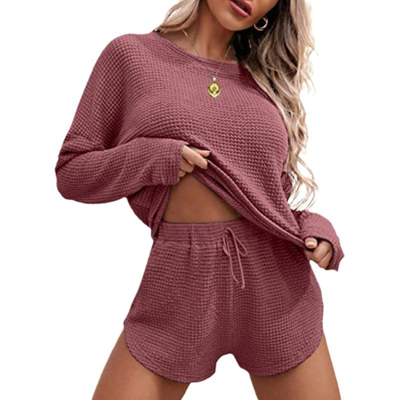 Women's Fashionable Simple Solid Color Waffle Knitted Pajama Set