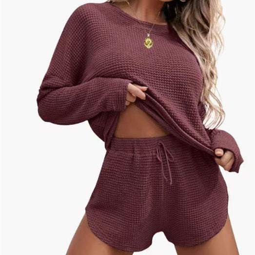 Women's Fashionable Simple Solid Color Waffle Knitted Pajama Set