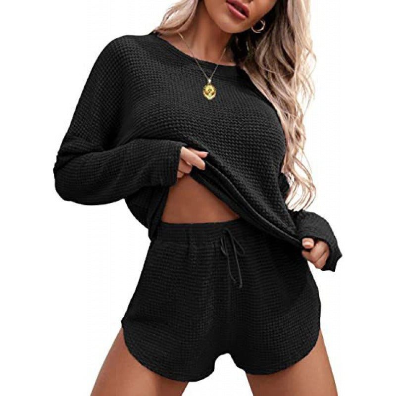 Women's Fashionable Simple Solid Color Waffle Knitted Pajama Set