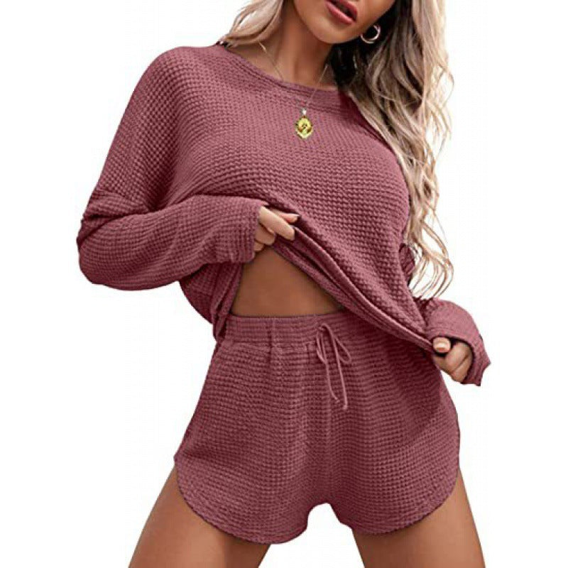 Women's Fashionable Simple Solid Color Waffle Knitted Pajama Set