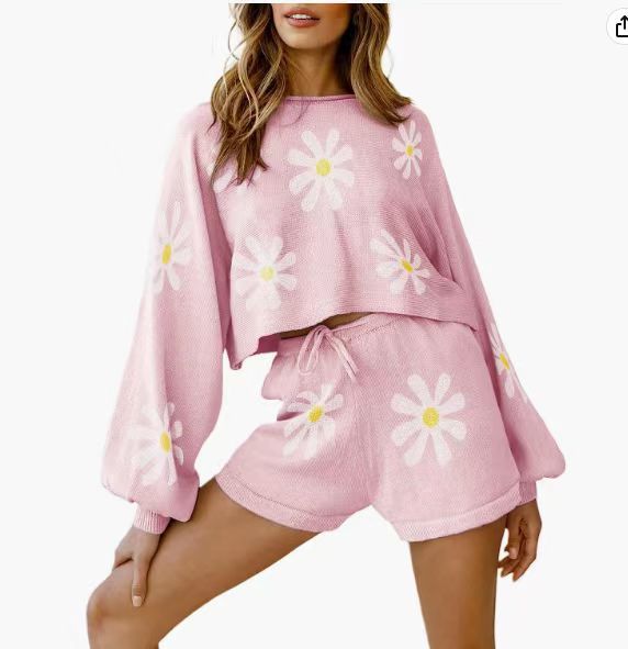 Women's Fashionable Simple Solid Color Waffle Knitted Pajama Set